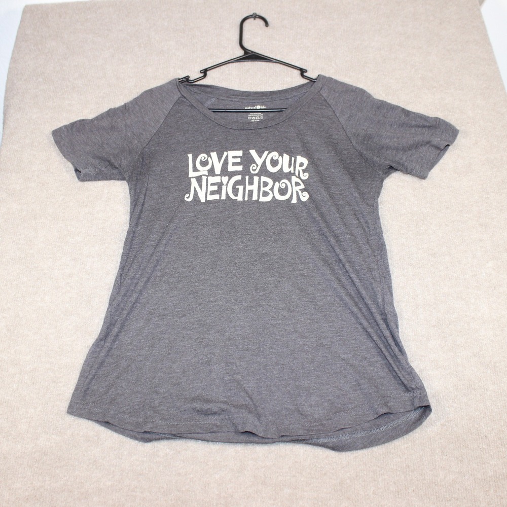 Natural Life Love Your Neighbor Graphic Tee Charcoal Gray Raglan Sleeve Small